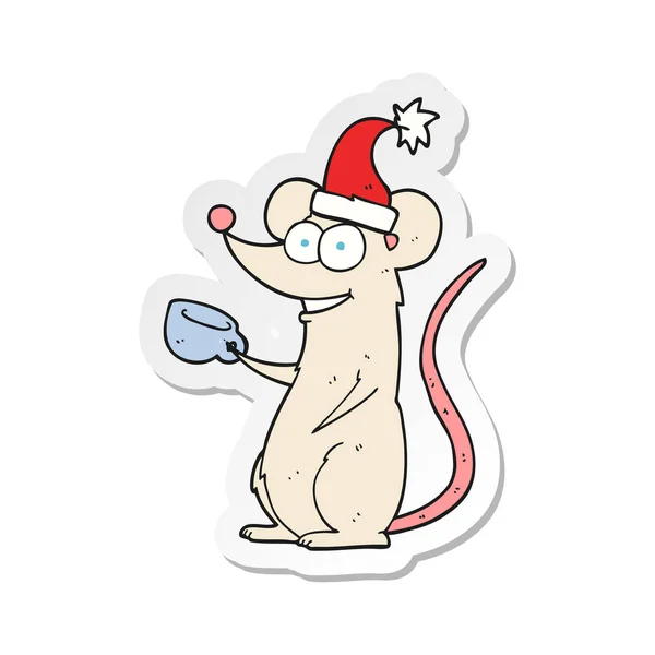 Autocollant d'une souris dessin animé portant un chapeau de Noël — Image vectorielle