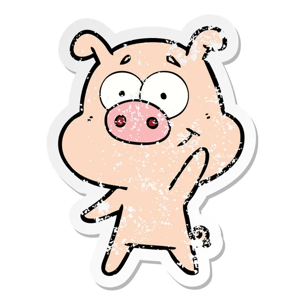 Autocollant de détresse d'un cochon de dessin animé heureux — Image vectorielle