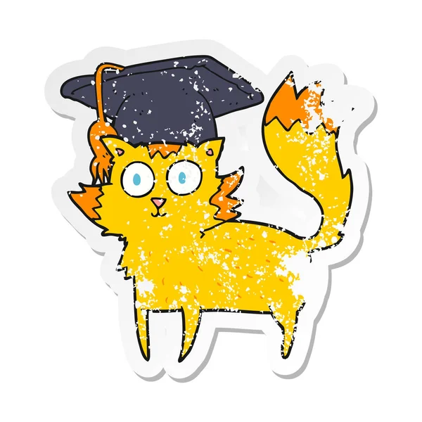 Retro Distressed Sticker Cartoon Cat Graduate — Stock Vector