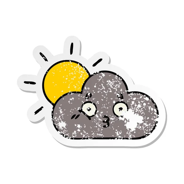 Pegatina angustiada de una linda nube de tormenta de dibujos animados y sol — Vector de stock