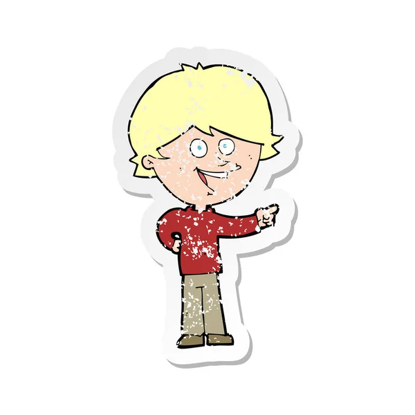 Retro-Aufkleber eines Cartoon-Jungen, der lacht und zeigt — Stockvektor