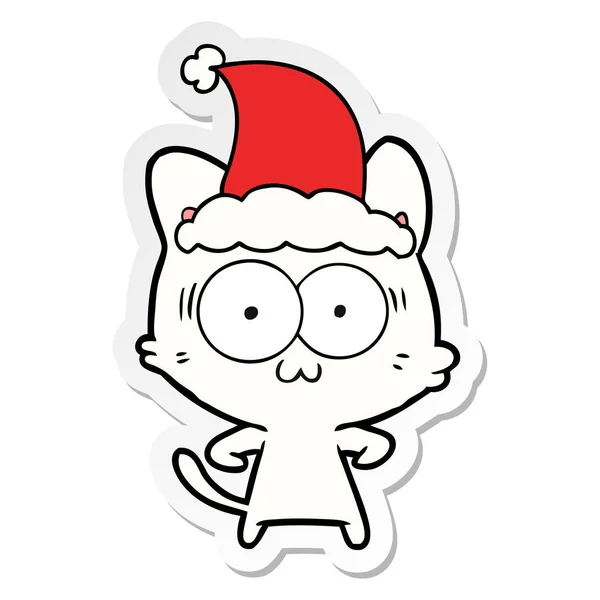 Etiket Karikatür Noel Baba Şapkası Giyen Bir Sürpriz Kedi Çekilmiş — Stok Vektör