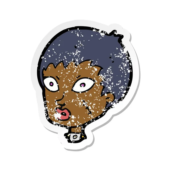 Pegatina retro angustiado de una cabeza de zombie hembra de dibujos animados — Vector de stock