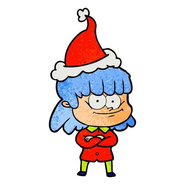 산타 모자를 쓰고 웃 고 여자의 질감된 만화 — 스톡 벡터
