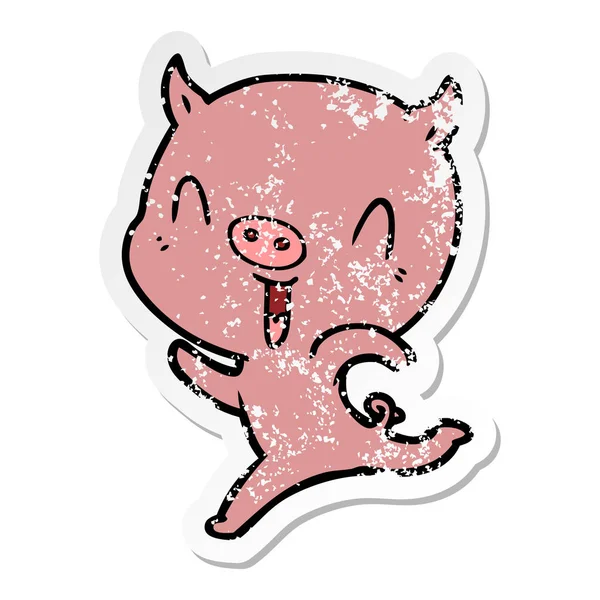 Verontruste sticker van een varken van de happy cartoon uitgevoerd — Stockvector