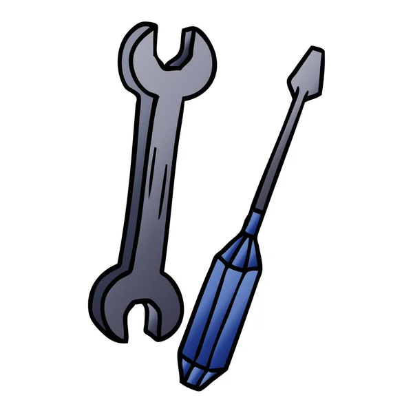 Gradient cartoon doodle of a spanner and a screwdriver — Stock Vector