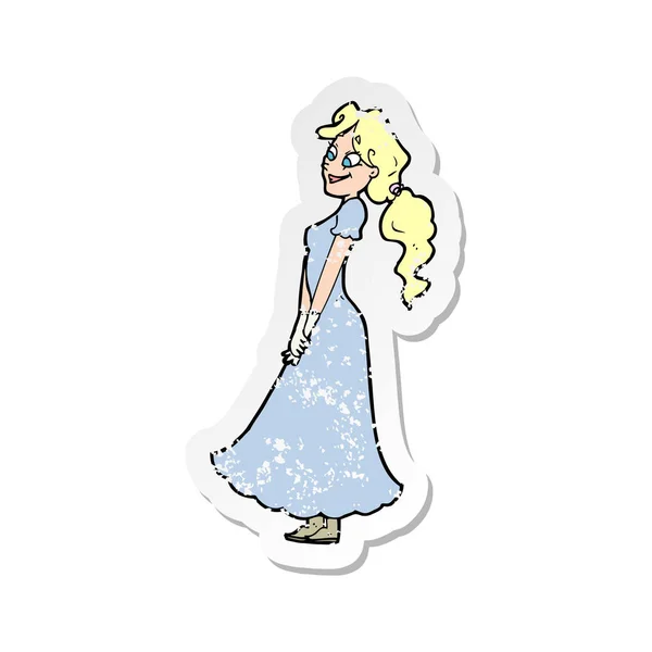 Retro distressed sticker of a cartoon pretty woman in dress — Stock Vector