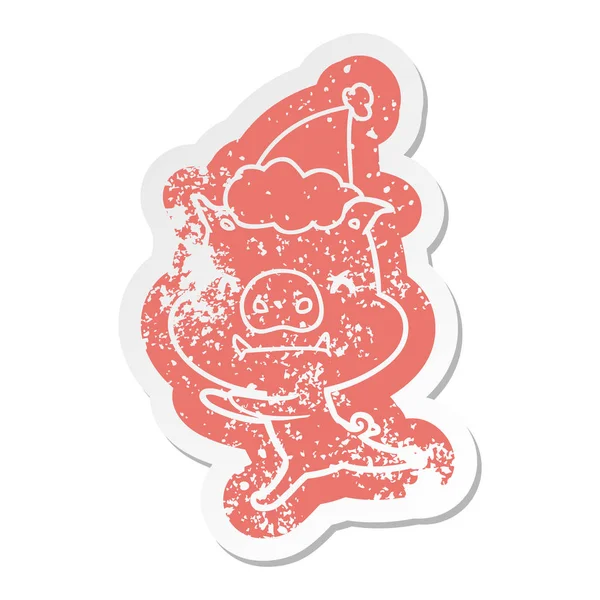 Bande dessinée en colère autocollant en détresse d'un cochon portant un chapeau de Père Noël — Image vectorielle