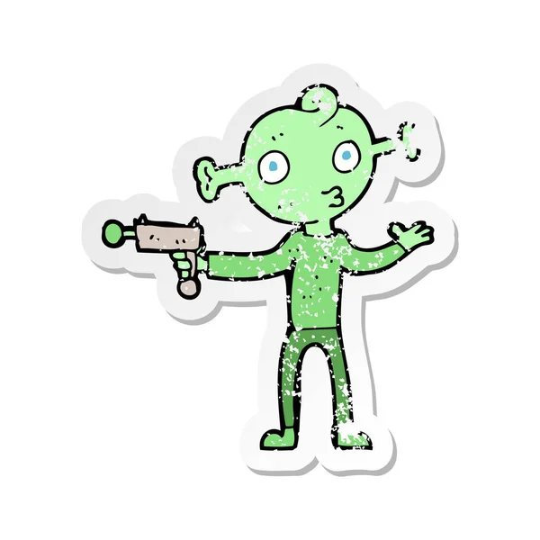 Retro Distressed Sticker Cartoon Alien Ray Gun — Stock Vector