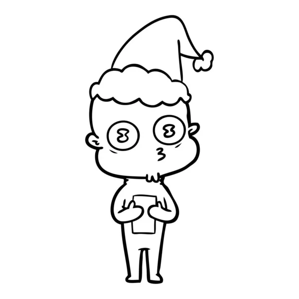 Line drawing of a weird bald spaceman wearing santa hat — Stock Vector