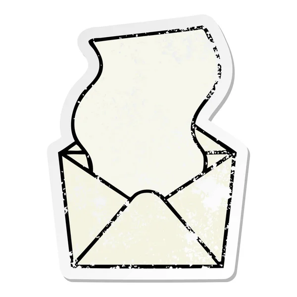 Verontruste sticker van een eigenzinnige hand getrokken cartoon letter en env — Stockvector