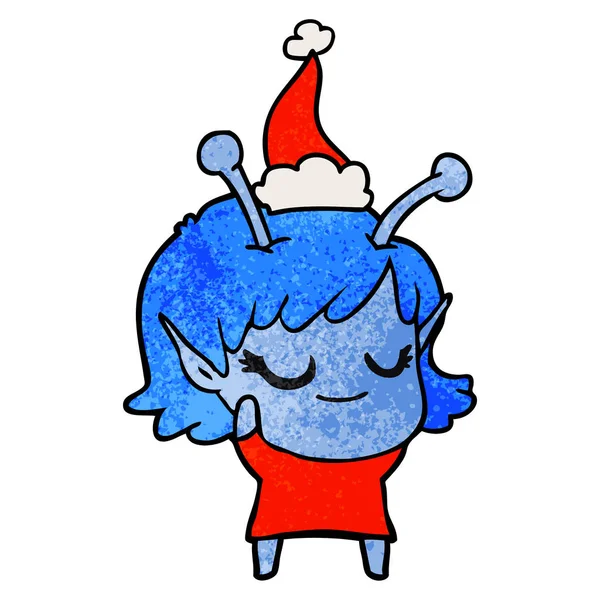 Smiling Alien Girl Hand Drawn Textured Cartoon Wearing Santa Hat — Stock Vector