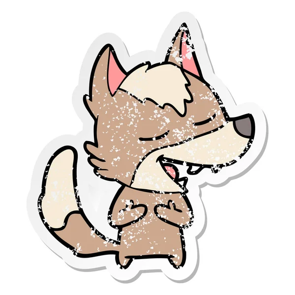 Verontruste sticker van een cartoon wolf lachen — Stockvector