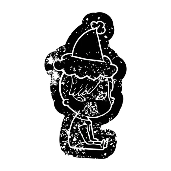Icona del cartone animato di una ragazza sorpresa che indossa il cappello di Babbo Natale — Vettoriale Stock