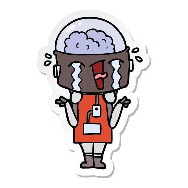 Sticker of a cartoon crying robot shrugging shoulders in confusi — Stock Vector