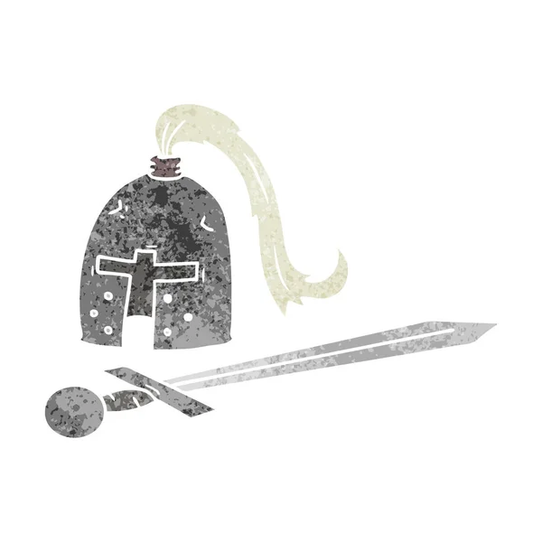 Retro cartoon doodle of a medieval helmet and sword — Stock Vector