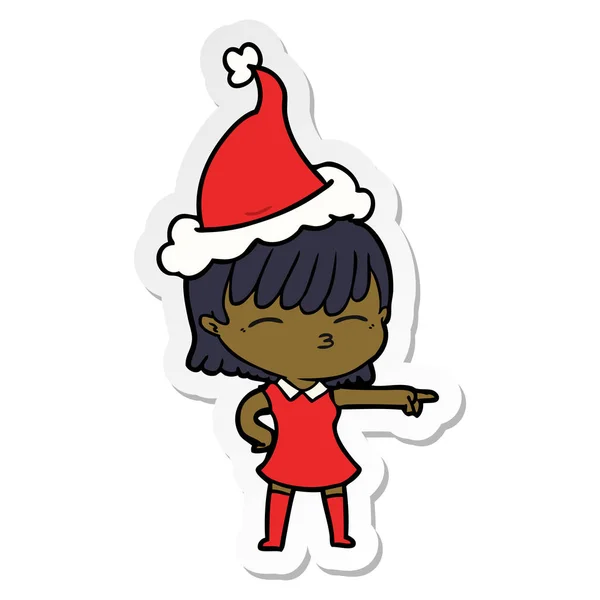 Autocollant dessin animé d'une femme portant un chapeau de Père Noël — Image vectorielle