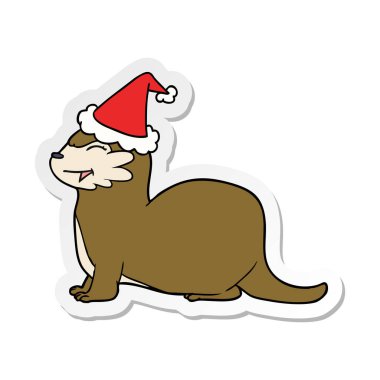 su samuru etiket karikatür giyen Noel Baba şapkası, gülüyor