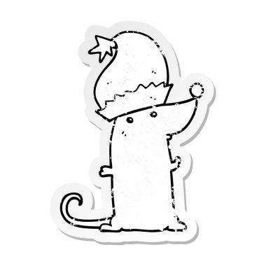 Noel şapka giymiş bir karikatür farenin sıkıntılı etiket