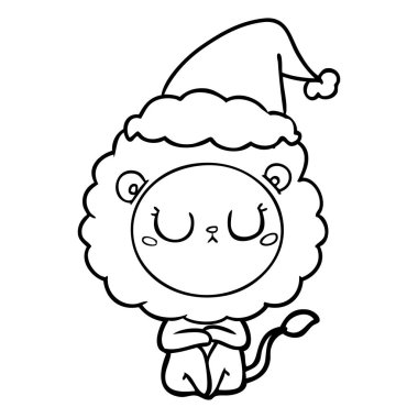Noel Baba şapkası giyen aslan çizgi çizme