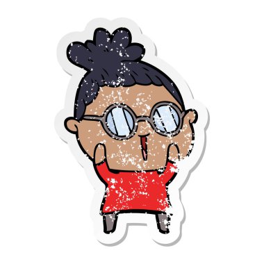 gözlük takan bir karikatür kadının sıkıntılı etiket