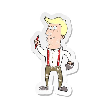 defter ve kalem ile bir çizgi film adamın Retro sıkıntılı etiket