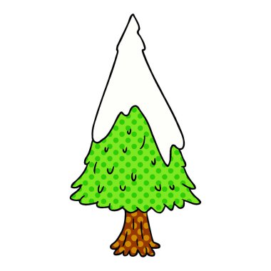 çizgi film doodle tek karla kaplı ağaç