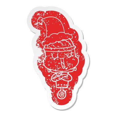 mutlu çizgi film Noel Baba şapkası giyen bir robot etiket sıkıntılı