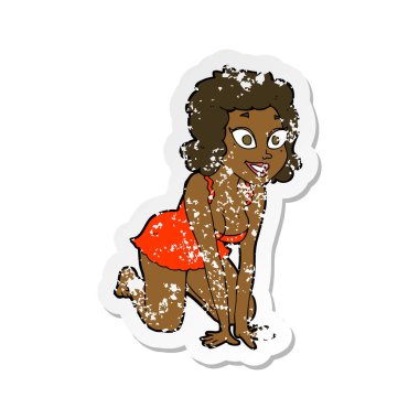 Retro sıkıntılı etiket bir karikatür komik seksi kadın