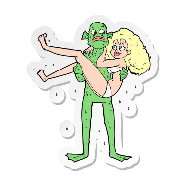 bikinili kadın taşıyan bir karikatür bataklık canavarının etiket