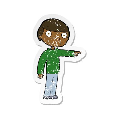 işaret eden bir çizgi film adamın Retro sıkıntılı etiket