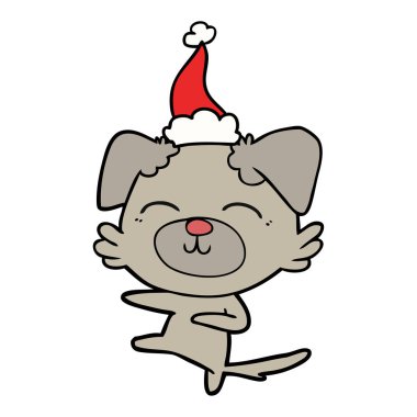 çizgi çizme giyen Noel Baba şapkası tekme bir köpek el çekilmiş