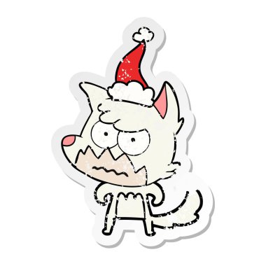sıkıntılı etiket karikatür Noel Baba şapkası giyen rahatsız tilki