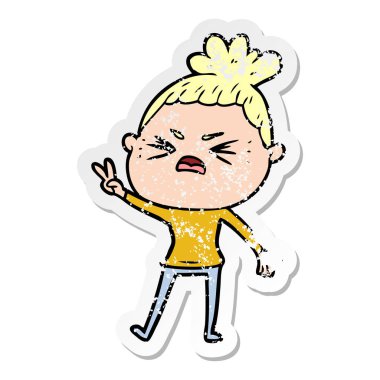 bir çizgi film kızgın kadının sıkıntılı etiket