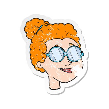 gözlük takan bir karikatür kadının Retro sıkıntılı etiket