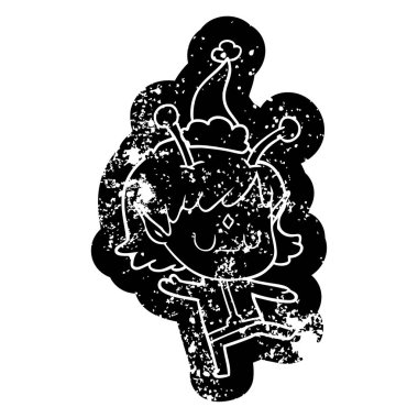 ilginç çizgi film simgesi Noel Baba şapkası giyen bir uzaylı kızın sıkıntılı