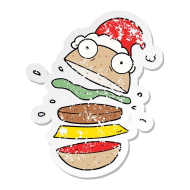 sıkıntılı etiket karikatür Noel Baba şapkası giyen bir şaşırtıcı Burger