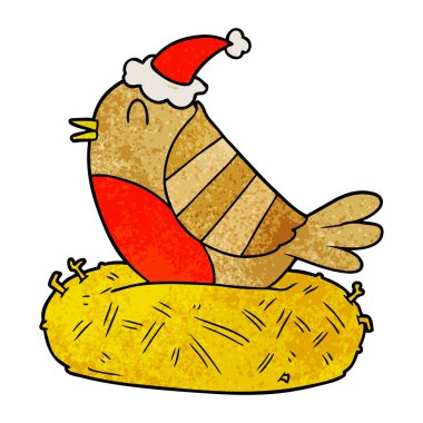 oturan bir kuş desenli çizgi film iç içe giyen Noel Baba şapkası