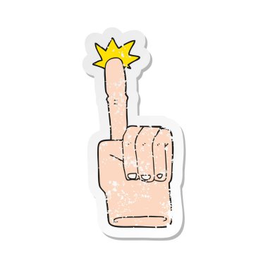 Retro sıkıntılı etiket el işaret eden bir karikatür