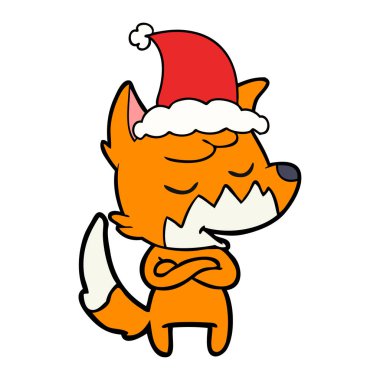 Noel Baba şapkası giyen bir tilkinin dostu çizgi çizme