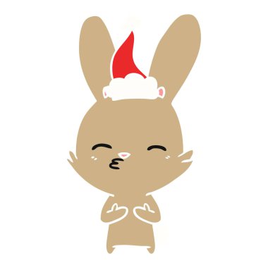 meraklı bunny el düz renkli çizimi giyen Noel Baba şapkası çizilmiş