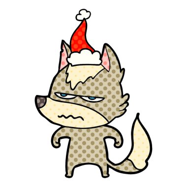 çizgi roman tarzı illüstrasyon santa ha giyen rahatsız kurt