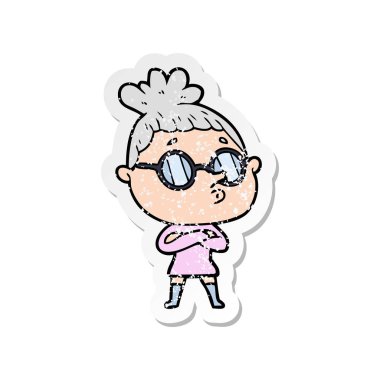 gözlük takan bir karikatür kadının sıkıntılı etiket