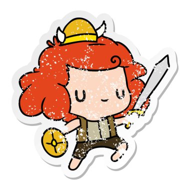 sıkıntılı etiket çizgi film illüstrasyon kawaii şirin viking çocuk