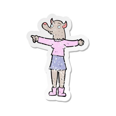 Retro etiket bir karikatür işaretleme kurt adam kadının sıkıntılı