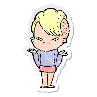 hippi saç kesimi ile sevimli çizgi kızın sıkıntılı etiket