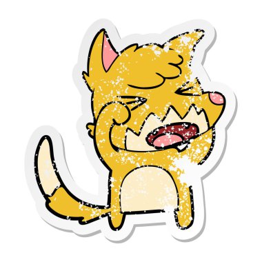 Gözlerini ovuşturarak kızgın çizgi film tilki sıkıntılı etiket