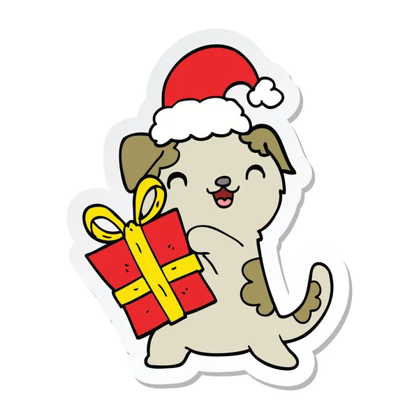 크리스마스 선물 모자와 귀여운 만화 강아지 스티커 — 스톡 벡터