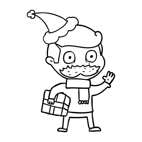 Linha de desenho de um homem com bigode e Natal presente wearin — Vetor de Stock