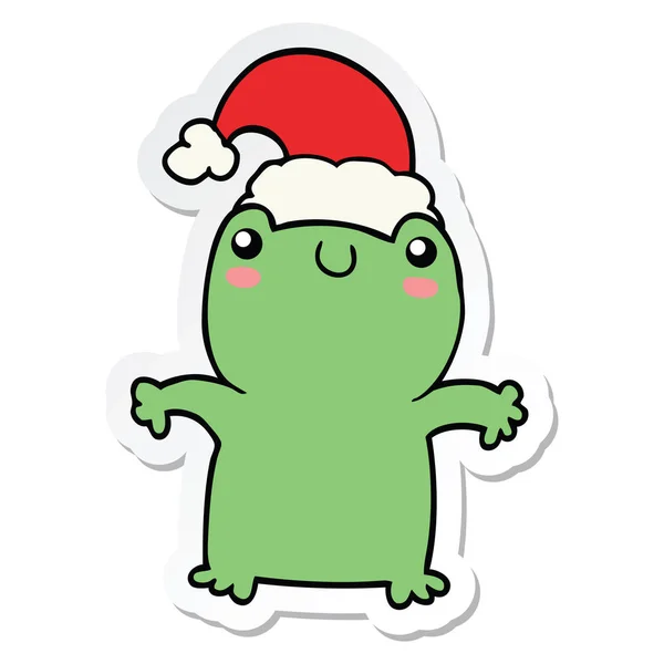 Etiqueta de um sapo bonito desenho animado usando chapéu de Natal — Vetor de Stock